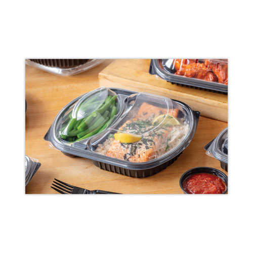 Image of Pactiv Evergreen Clearview Mealmaster Lid With Fog Gard Coating, Large 2-Compartment Dome Lid, 9.38 X 8 X 1.25, Clear, Plastic, 252/Carton