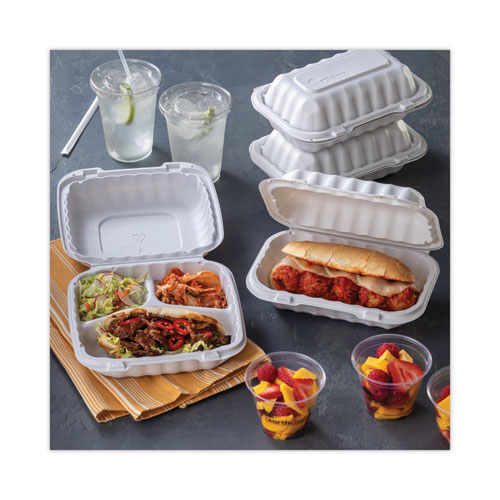 Image of Pactiv Evergreen Earthchoice Smartlock Microwavable Mfpp Hinged Lid Container, 3-Compartment, 8.31 X 8.35 X 3.1, White, Plastic, 200/Carton