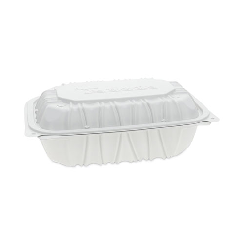 Pactiv Evergreen EarthChoice Vented Microwavable MFPP Hinged Lid Container, 3-Compartment, 8.5 x 8.5 x 3.1, White, Plastic, 146/Carton