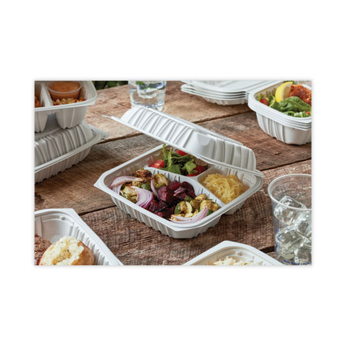 Image of Pactiv Evergreen Earthchoice Vented Microwavable Mfpp Hinged Lid Container, 3-Compartment, 8.5 X 8.5 X 3.1, White, Plastic, 146/Carton