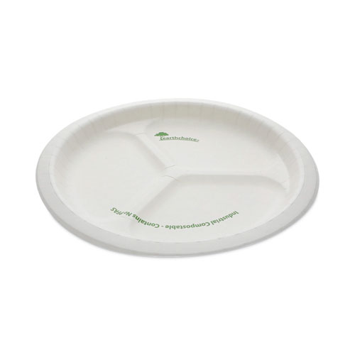 Image of EarthChoice Pressware Compostable Dinnerware, 3-Compartment Plate, 10" dia, White, 250/Carton