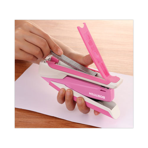 Image of Bostitch® Incourage Spring-Powered Desktop Stapler With Antimicrobial Protection, 20-Sheet Capacity, Pink/Gray