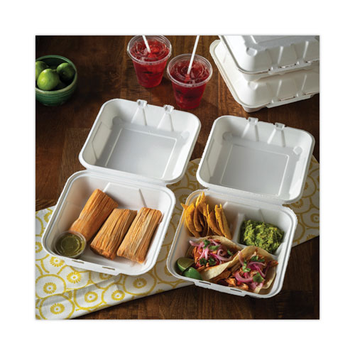 Image of Pactiv Evergreen Earthchoice Bagasse Hinged Lid Container, Dual Tab Lock Large Container, 9 X 9 X 3.5, Natural, Sugarcane, 150/Carton