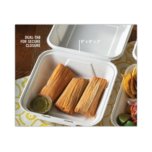 Image of Pactiv Evergreen Earthchoice Bagasse Hinged Lid Container, Dual Tab Lock Large Container, 9 X 9 X 3.5, Natural, Sugarcane, 150/Carton