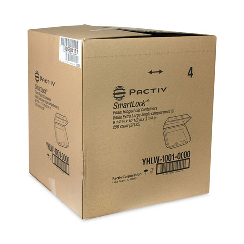 Image of Pactiv Evergreen Smartlock Foam Hinged Lid Container, X-Large, 9.5 X 10.5 X 3.25, White, 250/Carton