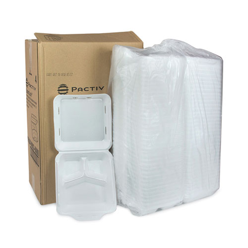 Image of Pactiv Evergreen Smartlock Vented Foam Hinged Lid Container, 3-Compartment, 9 X 9.25 X 3.25, White, 150/Carton