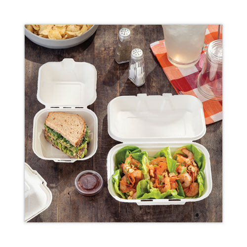 Image of Pactiv Evergreen Earthchoice Bagasse Hinged Lid Container, Single Tab Lock, 6" Sandwich, 5.8 X 5.8 X 3.3, Natural, Sugarcane, 500/Carton
