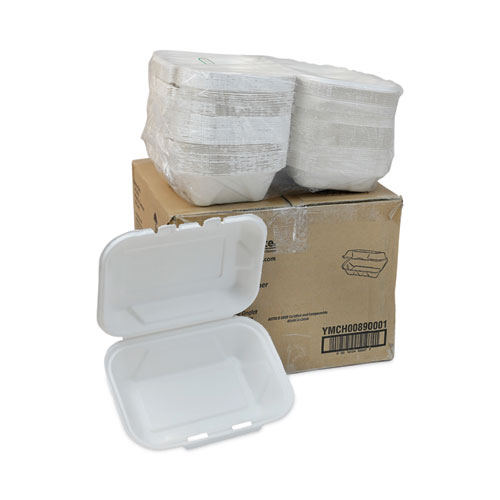 Image of Pactiv Evergreen Earthchoice Bagasse Hinged Lid Container, Dual Tab Lock, 9.1 X 6.1 X 3.3, Natural, Sugarcane, 150/Carton