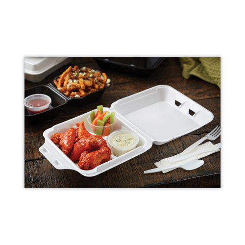 Image of Pactiv Evergreen Vented Foam Hinged Lid Container, Dual Tab Lock Economy, 3-Compartment, 8.42 X 8.15 X 3, White, 150/Carton