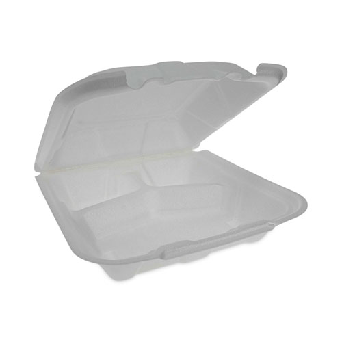 Vented Foam Hinged Lid Container, Dual Tab Lock Economy, 3-Compartment, 9.13 x 9 x 3.25, White, 150/Carton