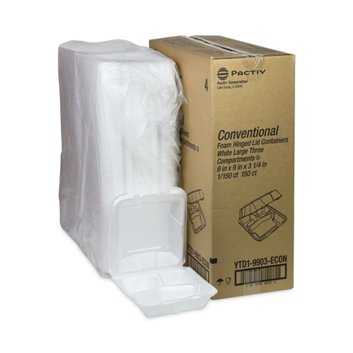 Image of Pactiv Evergreen Vented Foam Hinged Lid Container, Dual Tab Lock Economy, 3-Compartment, 9.13 X 9 X 3.25, White, 150/Carton