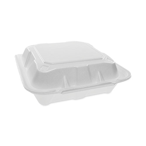 Pactiv Evergreen Vented Foam Hinged Lid Container, Dual Tab Lock, 8.42 x 8.15 x 3, White, 150/Carton