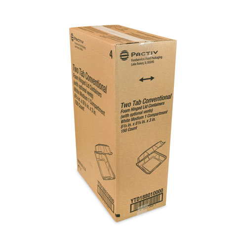 Vented Foam Hinged Lid Container, Dual Tab Lock, 8.42 x 8.15 x 3, White, 150/Carton