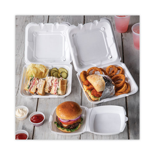 Image of Pactiv Evergreen Vented Foam Hinged Lid Container, Dual Tab Lock, 8.42 X 8.15 X 3, White, 150/Carton