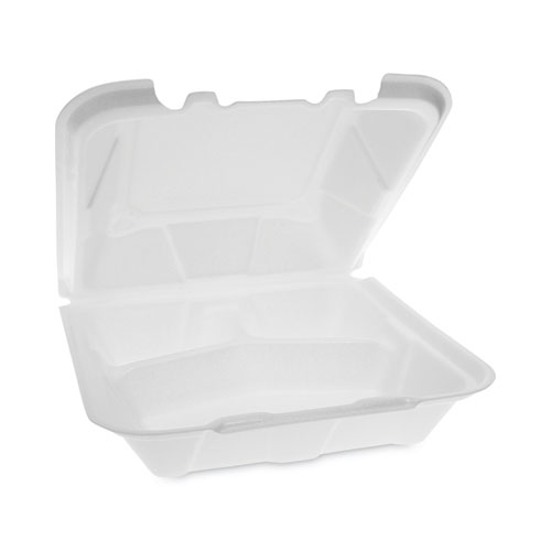 Vented Foam Hinged Lid Container, Dual Tab Lock, 3-Compartment, 9.13 x 9 x 3.25, White, 150/Carton