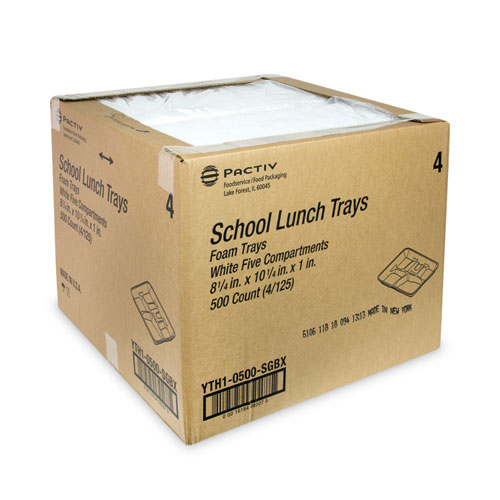 Image of Pactiv Evergreen Foam School Trays, 5-Compartment, 8.25 X 10.5 X 1,  White, 500/Carton