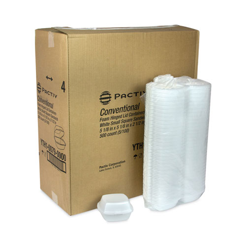 Image of Pactiv Evergreen Foam Hinged Lid Container, Single Tab Lock, 5.13 X 5.13 X 2.5, White, 500/Carton
