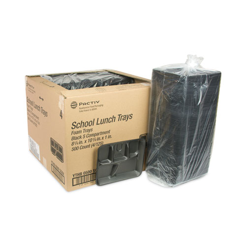 Image of Pactiv Evergreen Foam School Trays, 5-Compartment, 8.25 X 10.25 X 1, Black, 500/Carton