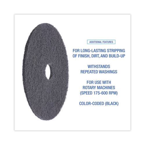 High Performance Stripping Floor Pads, 20" Diameter, Black, 5/Carton