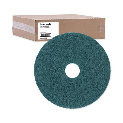 Image of Boardwalk® Heavy-Duty Scrubbing Floor Pads, 17" Diameter, Green, 5/Carton