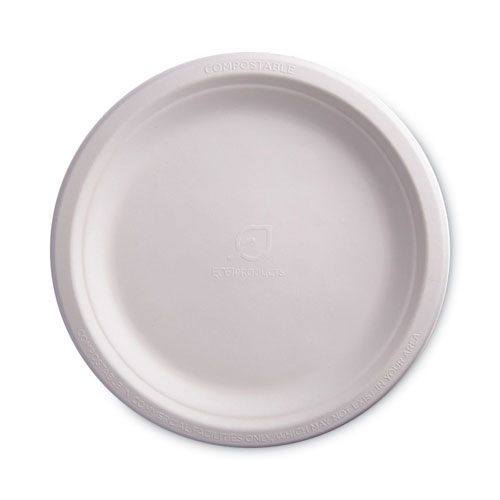 Eco-Products® Renewable and Compostable Sugarcane Plates, 9" dia, Natural White, 500/Carton