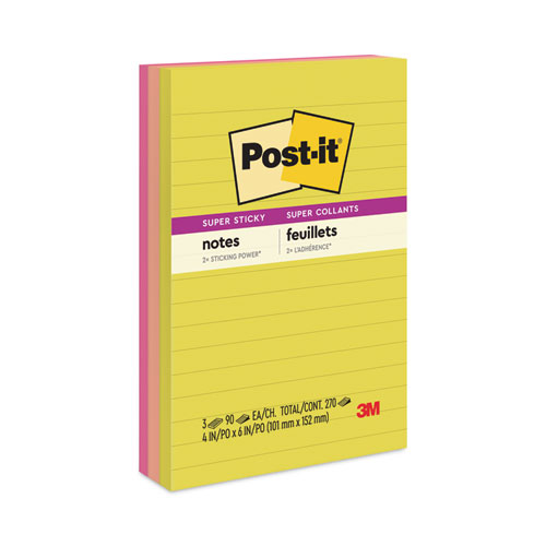 Image of Post-It® Notes Super Sticky Note Pads In Summer Joy Collection Colors, 4" X 6", Note Ruled, Summer Joy Collection Colors, 90 Sheets/Pad, 3 Pads/Pack