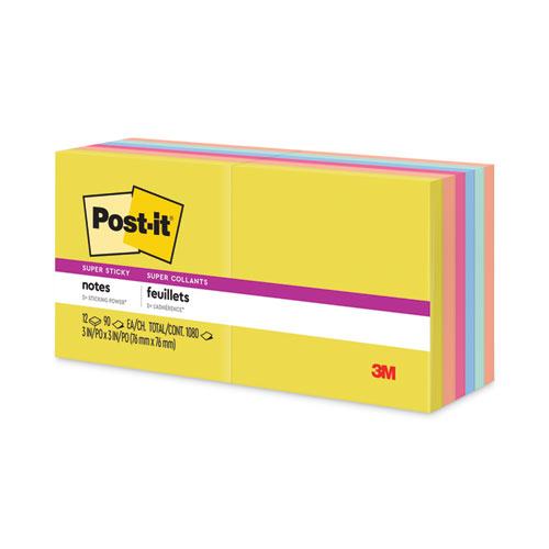 Image of Post-It® Notes Super Sticky Note Pads In Summer Joy Collection Colors, 3" X 3", Summer Joy Collection Colors, 90 Sheets/Pad, 12 Pads/Pack