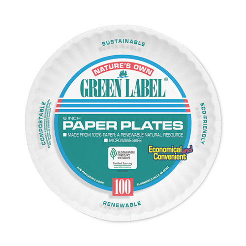 Green Label Coated Paper Plates, 6" dia, White, 100/Pack, 12 Packs/Carton