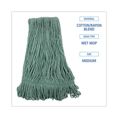 Mop Head, Premium Standard Head, Cotton/Rayon Fiber, Medium, Green, 12/Carton