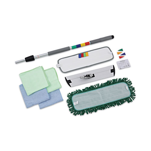 Image of Boardwalk® Microfiber Cleaning Kit, 18" Wide Blue/Green Microfiber Head, 35" To 60" Gray Aluminum Handle