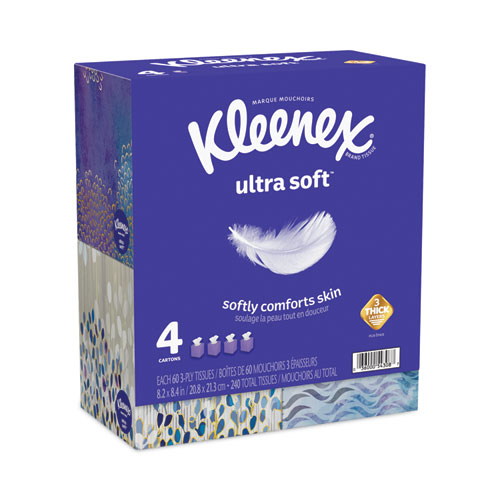 Image of Kleenex® Ultra Soft Facial Tissue, 3-Ply, White, 60 Sheets/Box, 4 Boxes/Pack, 3 Packs/Carton