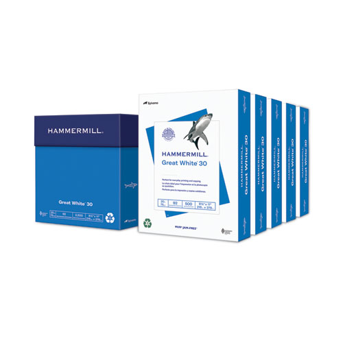 Hammermill® Great White 30 Recycled Print Paper, 92 Bright, 20 lb Bond Weight, 8.5 x 11, White, 500 Sheets/Ream, 5 Reams/Carton