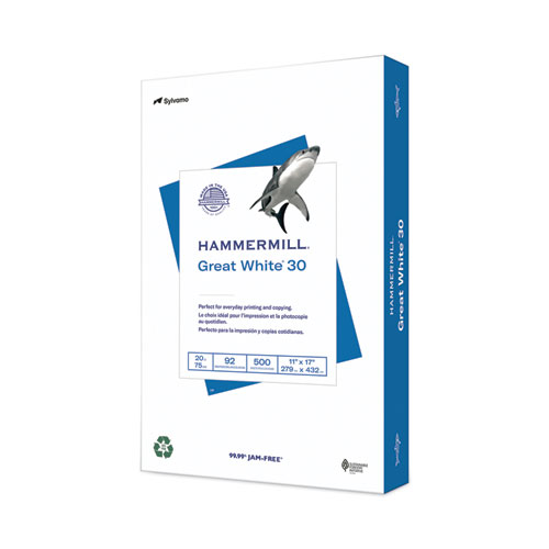Hammermill® Great White 30 Recycled Print Paper, 92 Bright, 20 lb Bond Weight, 11 x 17, White, 500/Ream