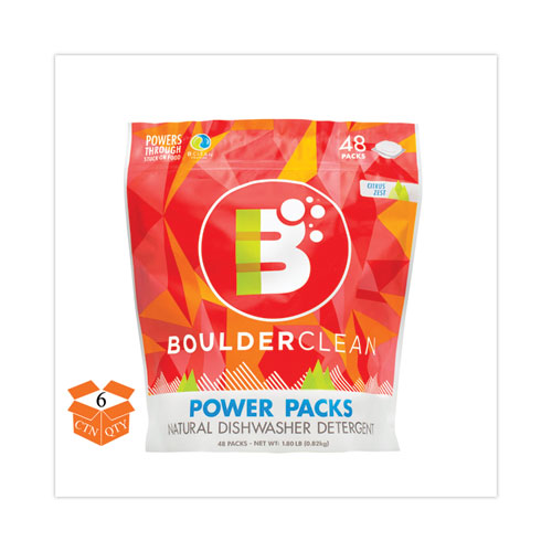 Image of Boulder Clean Dishwasher Detergent Power Packs, Citrus Zest, 48 Tab Pouch, 6/Carton