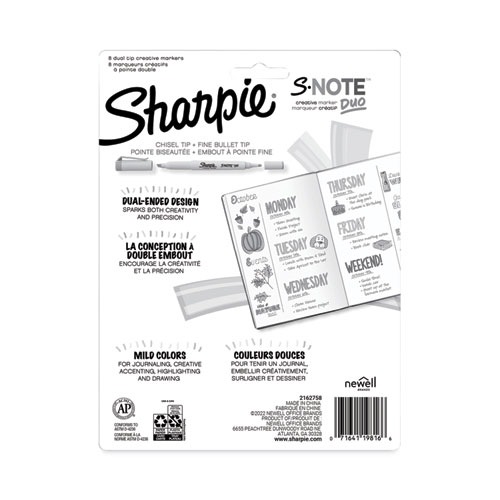 Image of Sharpie® S-Note Creative Markers, Assorted Ink Colors, Bullet/Chisel Tip, White Barrel, 8/Pack