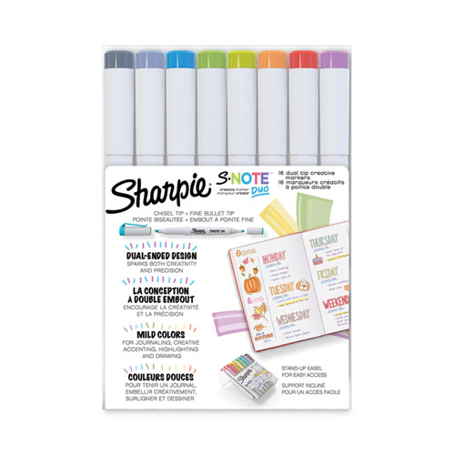 Image of Sharpie® S-Note Creative Markers, Assorted Ink Colors, Bullet/Chisel Tip, White Barrel, 16/Pack