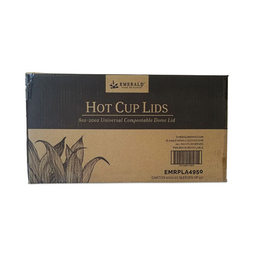 Image of Emerald™ Plant To Plastic Fully Closed Pla Hot Cup Lid, Fits 8 Oz To 20 Oz, White, 50/Pack, 20 Packs/Carton
