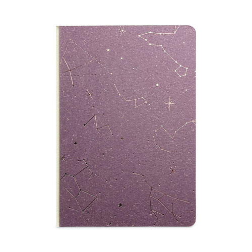 Embossed Canvas Layflat Hardbound Journal, Written In The Stars Artwork, College Rule, Purple/Cream Cover, 7 x 5, 64 Sheets