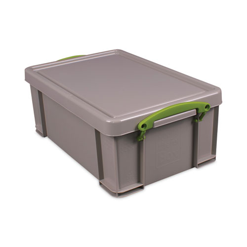 Really Useful Box® 9.51 Qt. Latch Lid Storage Tote, 15.55" X 10.04" X 6.1", Dove Gray/Green, 4/Pack