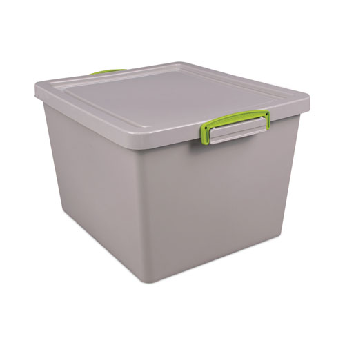Really Useful Box® 35.4 Qt. Latch Lid Storage Tote, 14.76" X 12.6" X 10.43", Dove Gray/Green