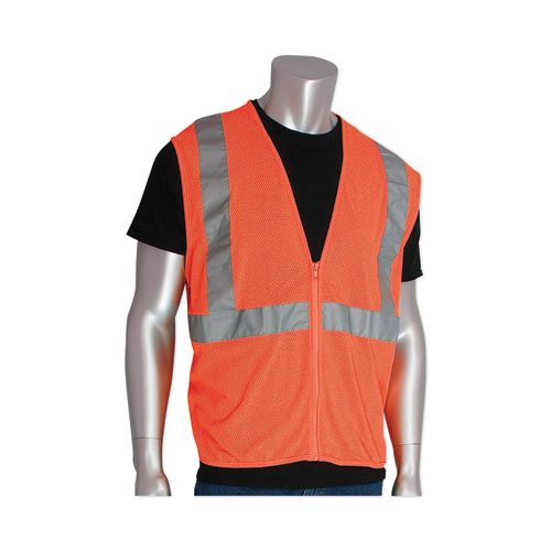 Image of ANSI Class 2 Two-Pocket Zipper Mesh Safety Vest, Polyester Mesh, Large, Orange