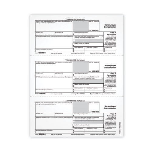 1099-NEC Tax Forms, Fiscal Year: 2021, One-Part (No Copies), 8.5 x 3.67, 3 Forms/Sheet, 50 Forms Total