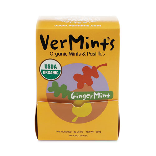 VerMints Organic Mints/Pastilles, Gingermint, 2 Mints/0.7 oz Individually Wrapped, 100/Box