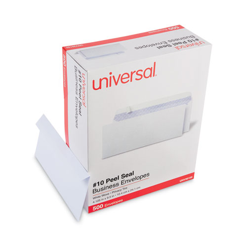 Universal® Peel Seal Strip Security Tint Business Envelope, #10, Square Flap, Self-Adhesive Closure, 4.25 X 9.63, White, 500/Box