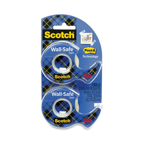 Scotch® Wall-Safe Tape With Dispenser, 1" Core, 0.75" X 50 Ft, Clear, 2/Pack