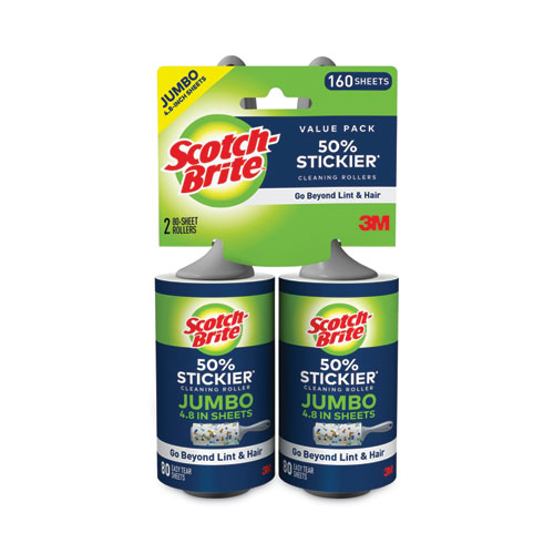 Image of Scotch-Brite™ 50% Stickier Giant Surface Lint Roller Twin Pack, 2/Pack, 80 Sheets/Roller