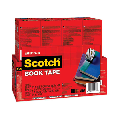 Image of Scotch® Book Tape Value Pack, 3" Core, (2) 1.5" X 15 Yds, (4) 2" X 15 Yds, (2) 3" X 15 Yds, Clear, 8/Pack