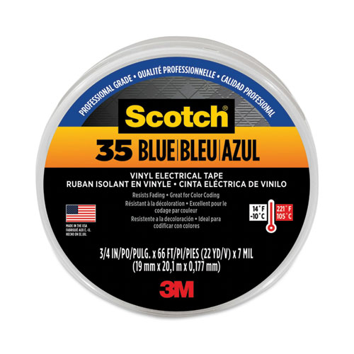 Scotch 35 Vinyl Electrical Color Coding Tape, 3" Core, 0.75" x 66 ft, Blue