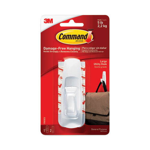 Image of Command™ General Purpose Hooks, Large, Plastic, White, 5 Lb Capacity, 1 Hook And 2 Strips/Pack