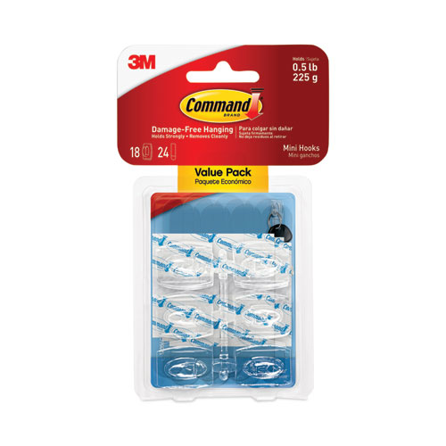 Image of Command™ Clear Hooks And Strips, Mini, Plastic, 0.5 Lb Capacity, 18 Hooks And 24 Strips/Pack